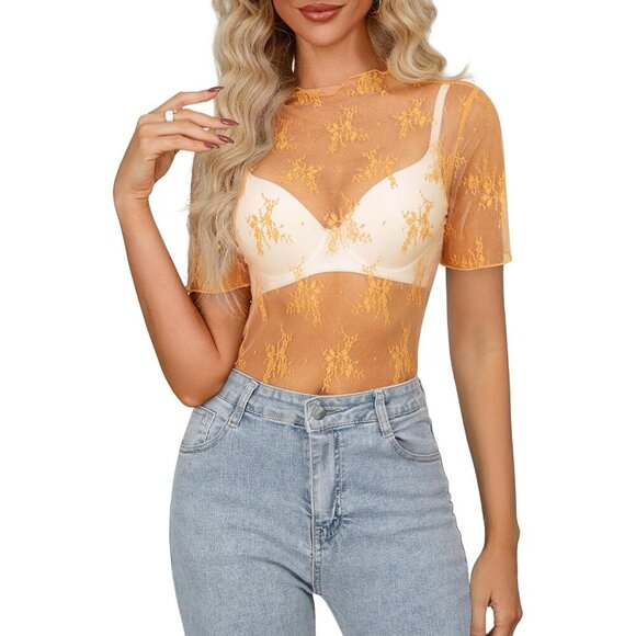 🆕Women’s Yellow Mesh Sheer Top Long Sleeve Mock Neck Lace Floral Blouse - Picture 1 of 6